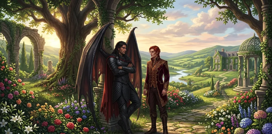 Eris Vanserra passing intelligence to Cassian in the gardens of the Spring Court.