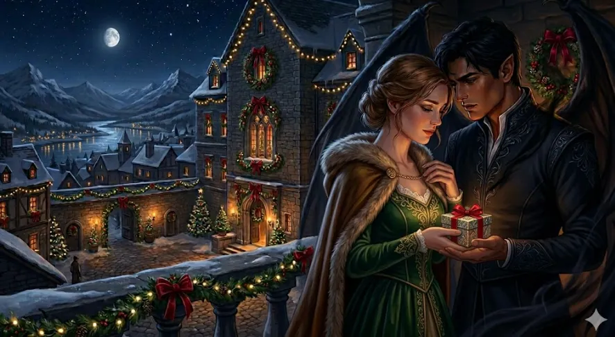 Elain Archeron and Azriel sharing an intimate moment in the shadows of the river house during the Winter Solstice