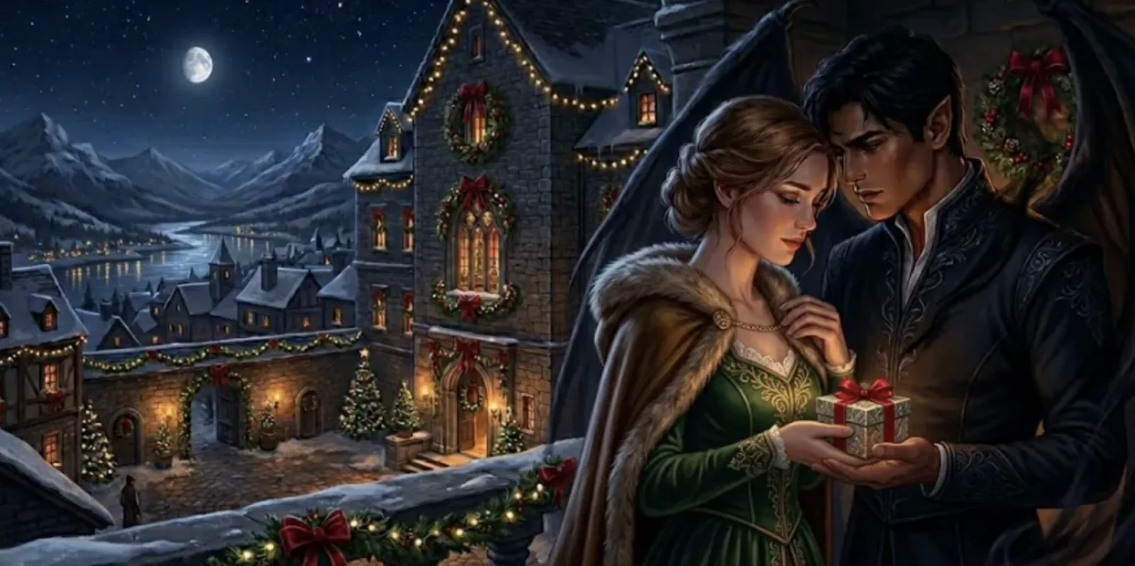 Elain Archeron and Azriel sharing an intimate moment in the shadows of the river house during the Winter Solstice