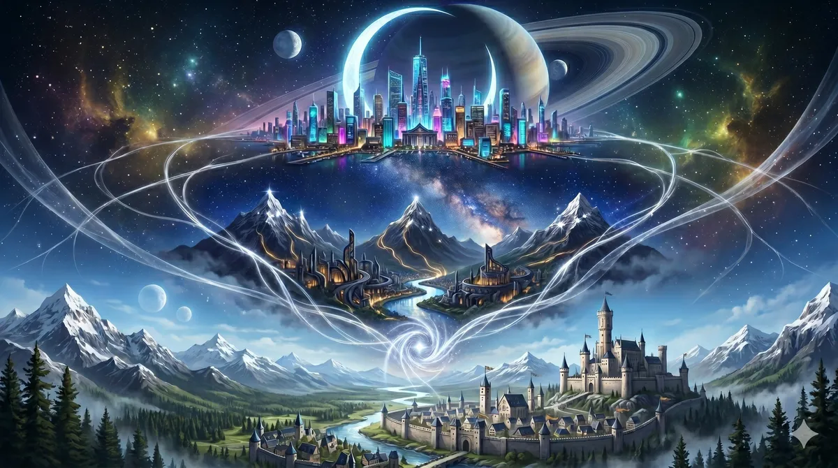 Overlapping, translucent maps of Prythian, Erilea, and Midgard floating in a star-flecked cosmos, tethered together by faintly glowing, silver ley lines.