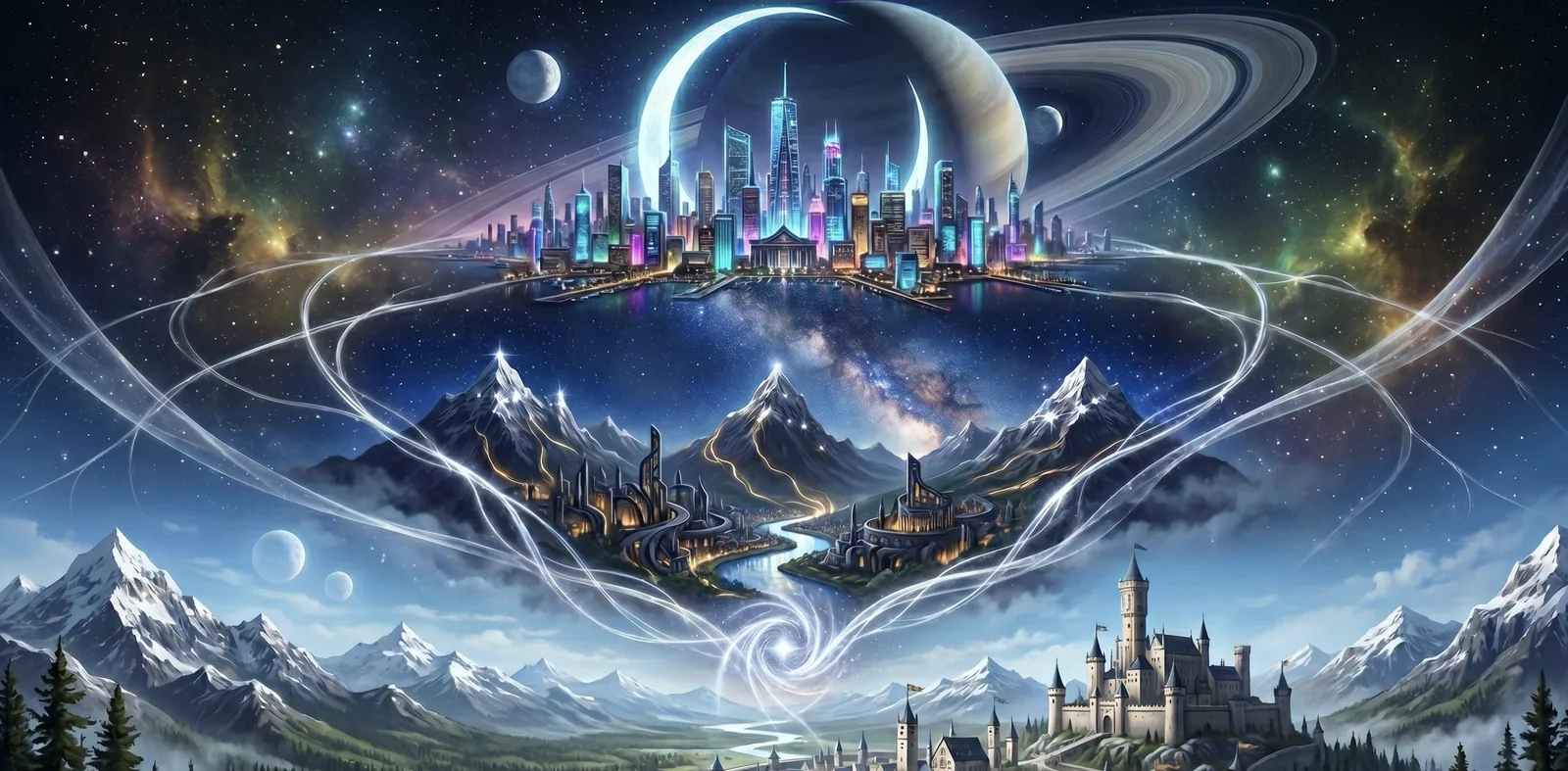 Overlapping, translucent maps of Prythian, Erilea, and Midgard floating in a star-flecked cosmos, tethered together by faintly glowing, silver ley lines.