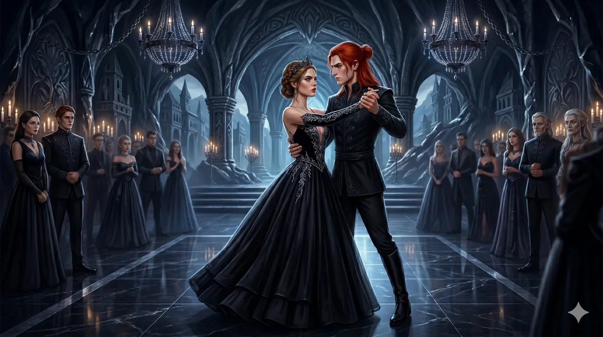 Eris Vanserra and Nesta Archeron sharing a charged waltz at the Winter Solstice ball.