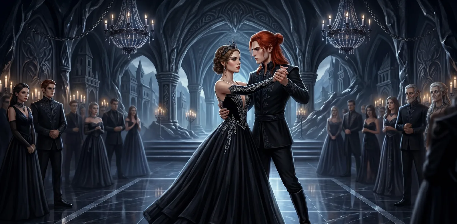 Eris Vanserra and Nesta Archeron sharing a charged waltz at the Winter Solstice ball.