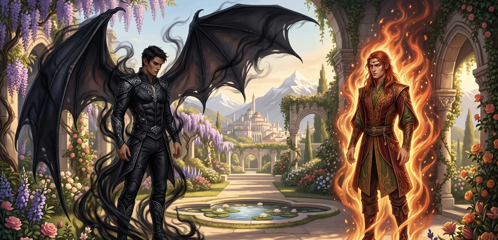 A sunlit garden in Velaris overshadowed by two looming figures: one wreathed in shadows, the other glowing with autumn fire.