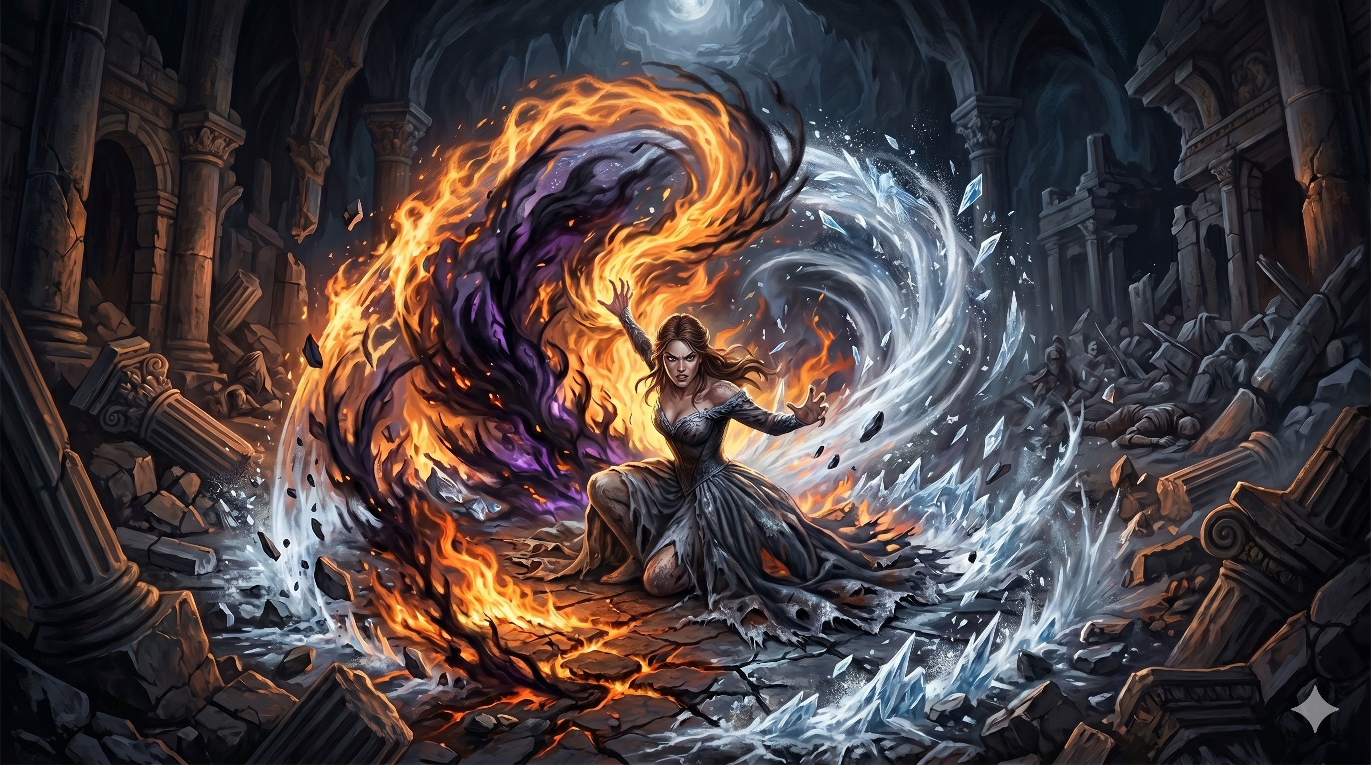 A silhouette of Feyre Archeron wreathed in the elemental magics of all seven High Lords.