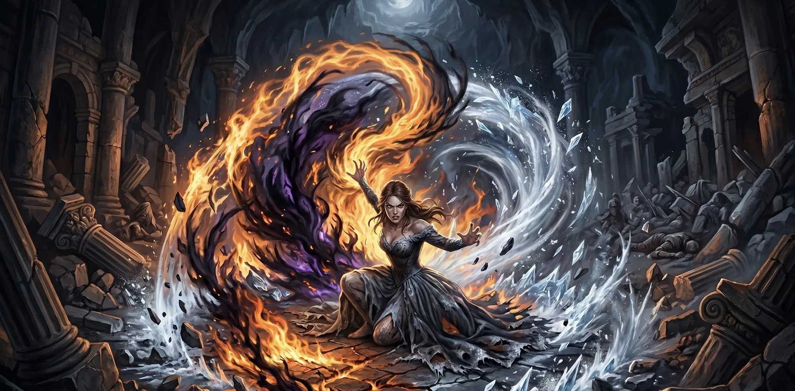 A silhouette of Feyre Archeron wreathed in the elemental magics of all seven High Lords.