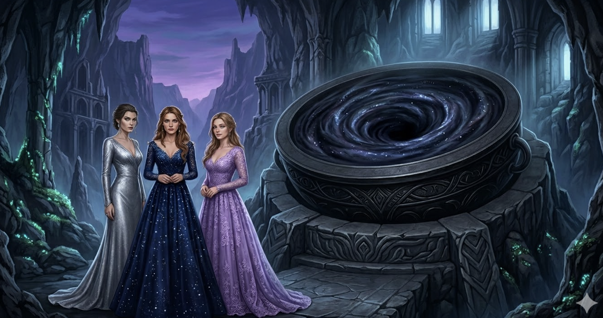 Three sisters standing before the dark, abyssal maw of the ancient Cauldron.
