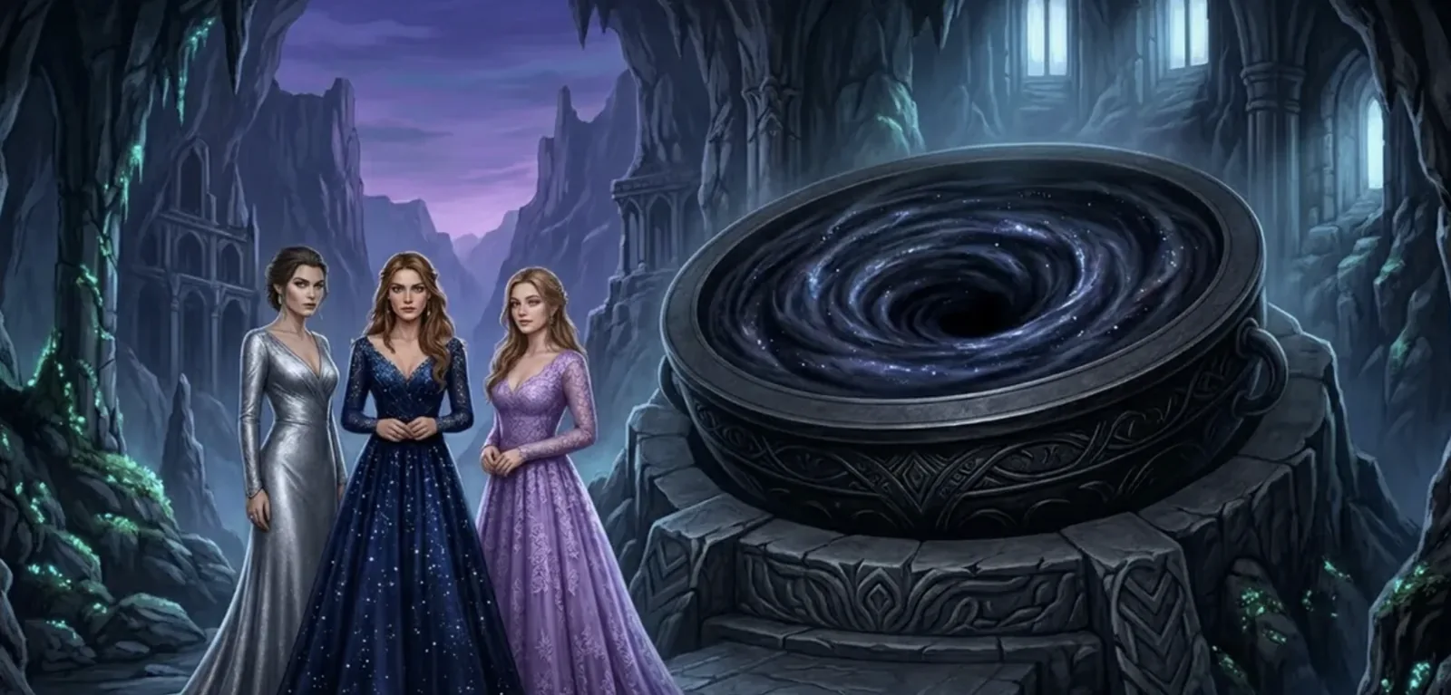 Three sisters standing before the dark, abyssal maw of the ancient Cauldron.