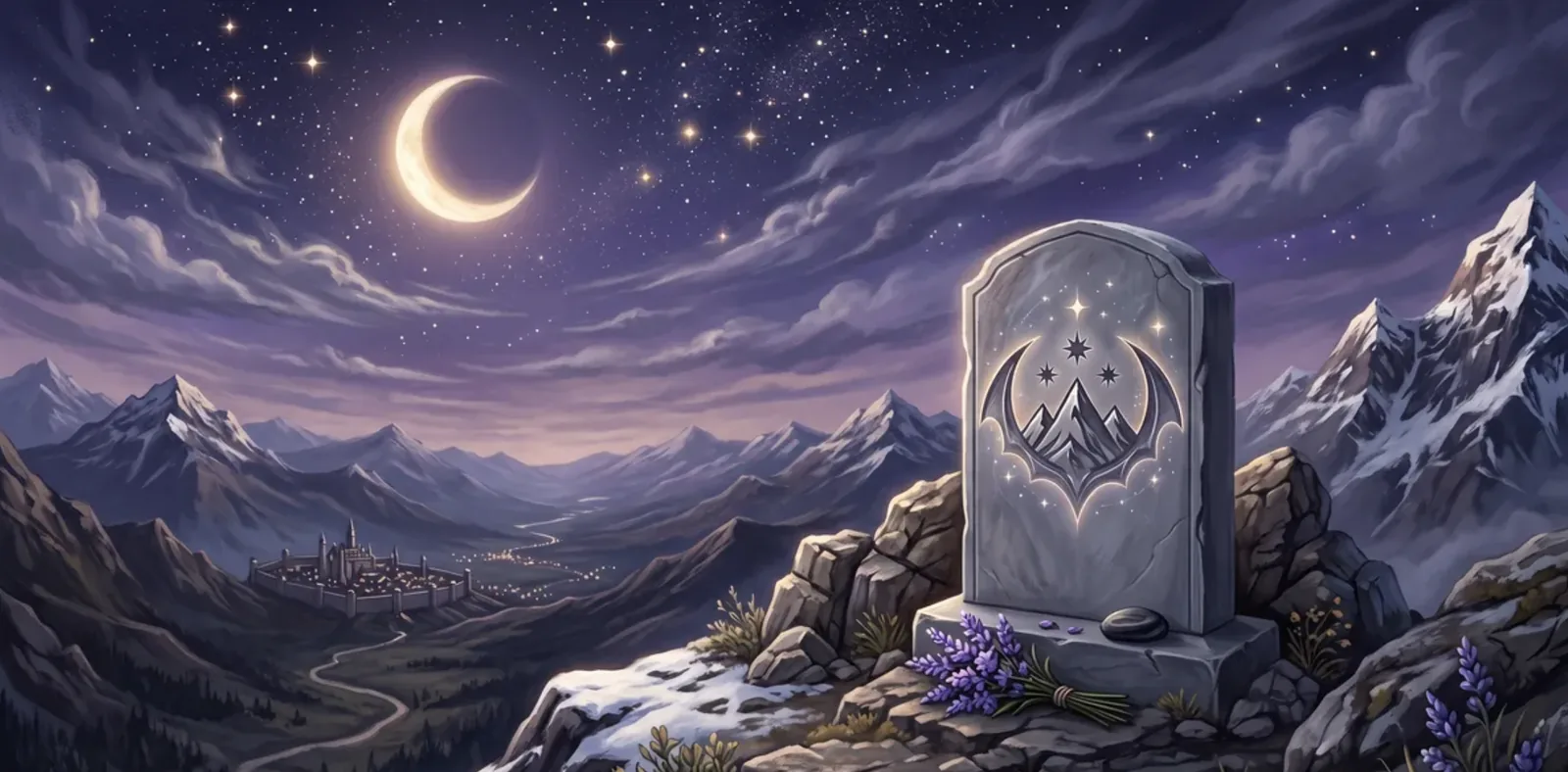 The Night Court insignia carved into a solitary, pristine tombstone atop a mountain.