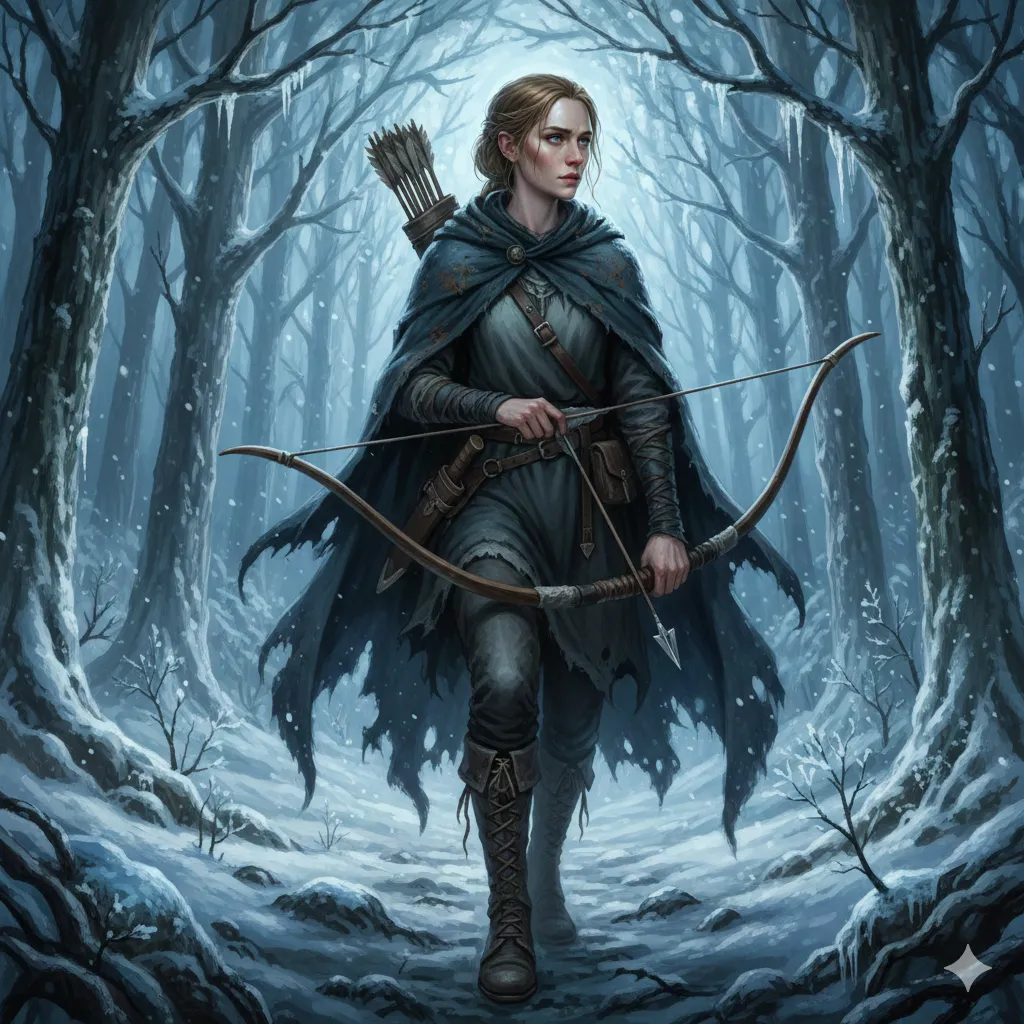 Feyre hunts in the woods to save her family from starvation.